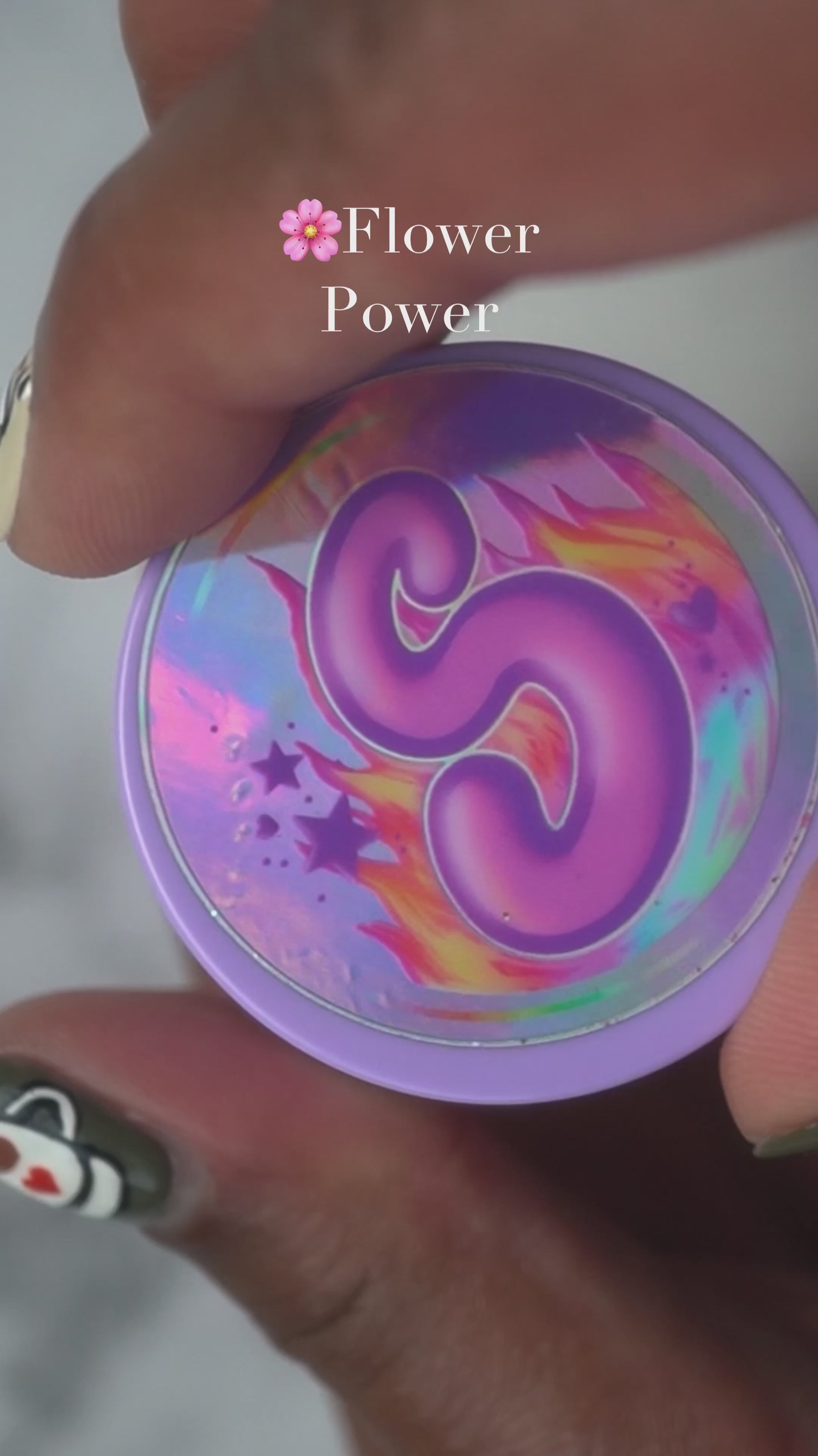 Peachy purple nail powder with holographic packaging for nail art, labeled 'Flower Power'